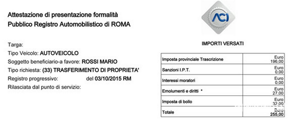 Ricevuta certificato di proprieta auto digitale