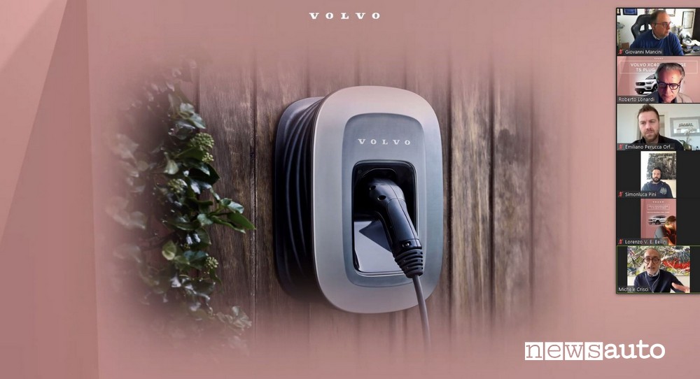 La wallbox per caricare le batterie di un'auto elettrica durante la presentazione di Volvo Italia ai giornalisti sotto la quarantena da Coronaviris con spostamenti limitati