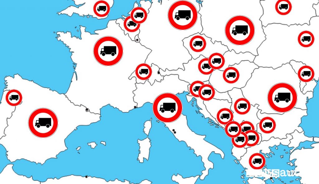 cartina Europa con divieti di circolazione mezzi pesanti sopra le 7,5 tonnellate