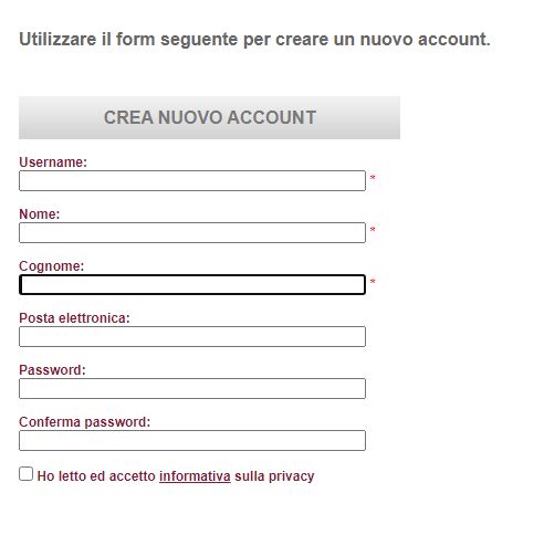 Form da compilare in fase di creazione account per verificare la targa dell'auto elettrica e accesso ZTL, username, nome,
