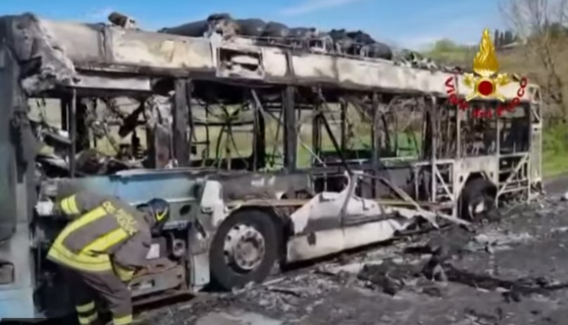 The methane cylinders on the roof of the bus that caught fire are evident