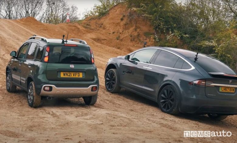 Tesla Model X contro Panda 4x4 in off road, il video