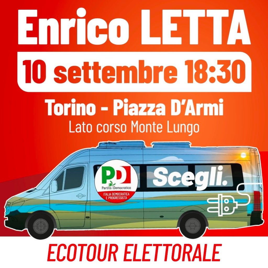 Manifesto del PD per l'appuntamento a Torino con il minibus elettrico