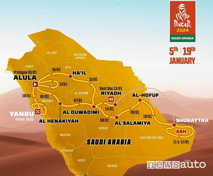 Mappa del percorso della Dakar 2024, da AlUla a Yanbu