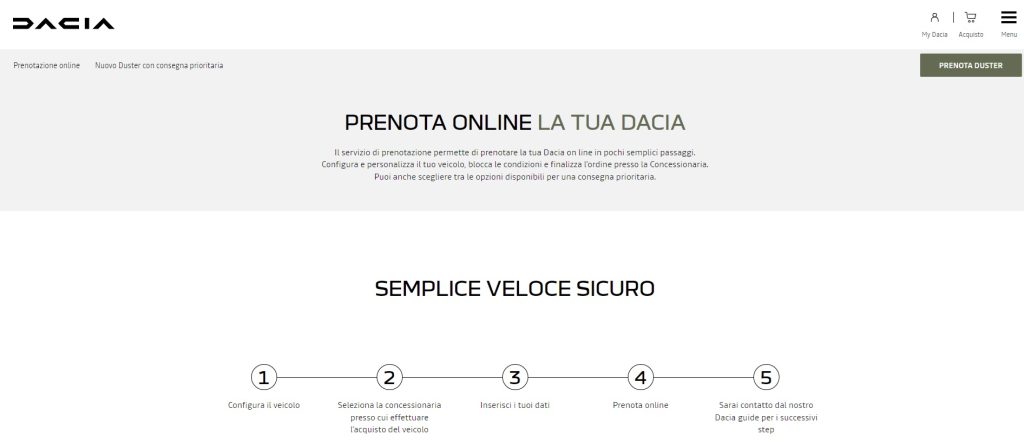 Servizio di prenotazione sul sito Dacia, acquisto auto online