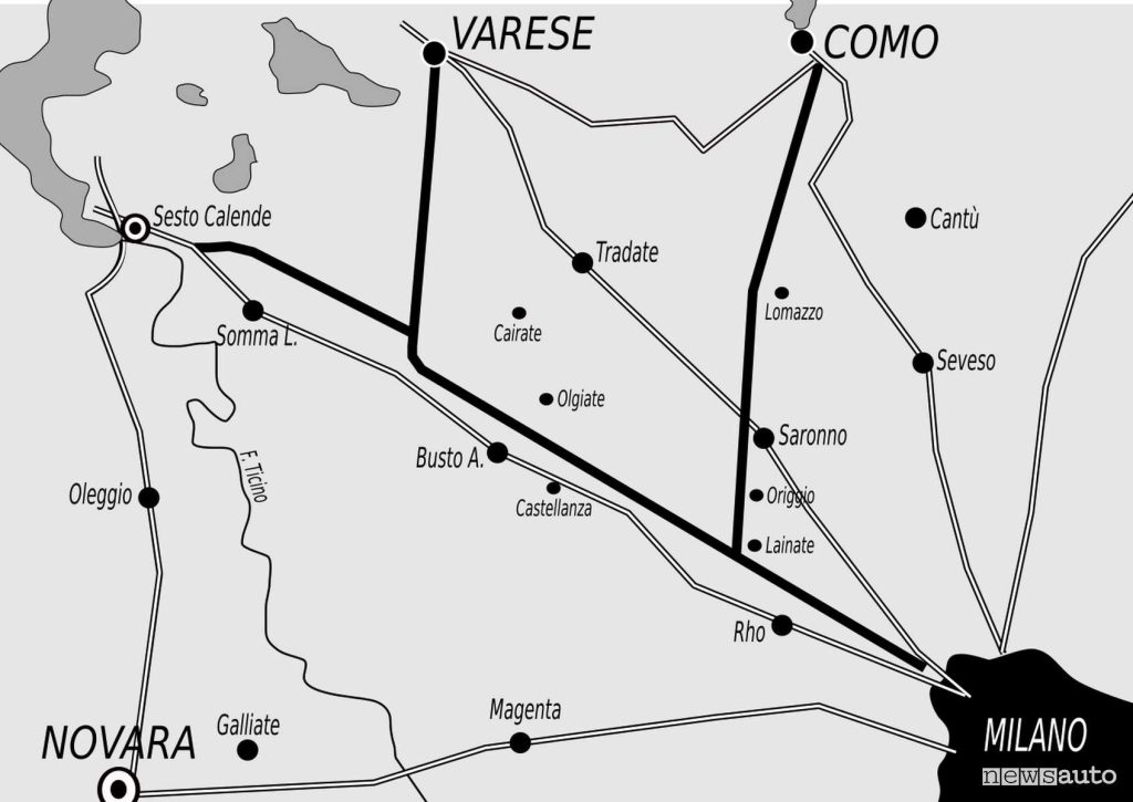 Riproduzione schematica del percorso (in grassetto) dell'Autostrada dei Laghi nel 1926