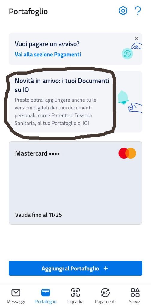 Sezione Portfoglio dell'APP IO dove si possono caricare documenti personali come la patente di guida e la carta di identità