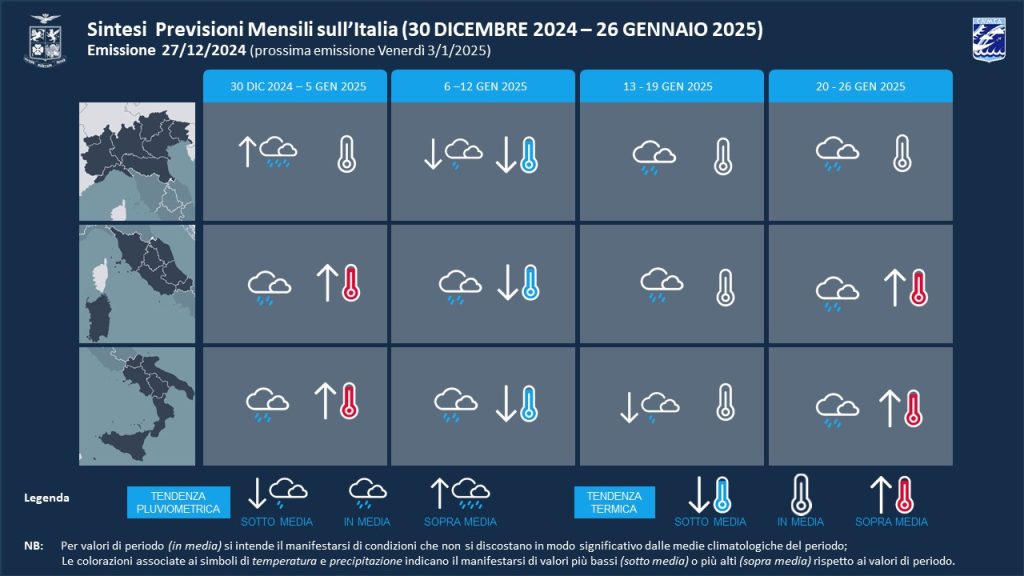 Previsioni meteo di gennaio 2025 elaborate dall'Aeronautica Militare