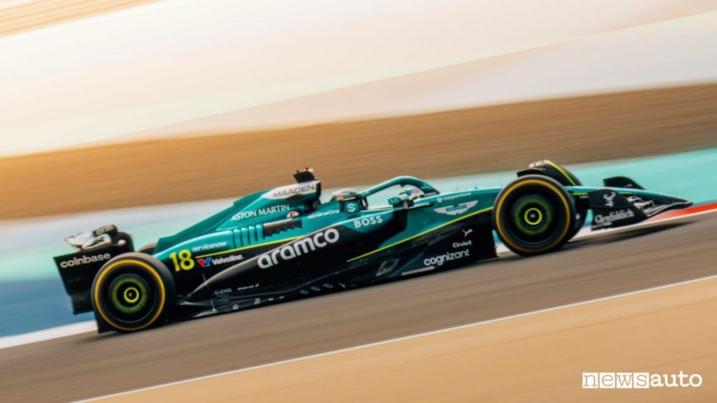 Orari test Bahrain F1 2025 Aston Martin AMR25 di Lance Stroll sul circuito del Sakhir durante un filming Day