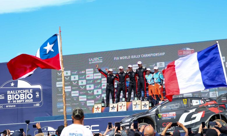 Podio del Rally del Cile 2025: vittoria di Sébastien Ogier (Toyota)