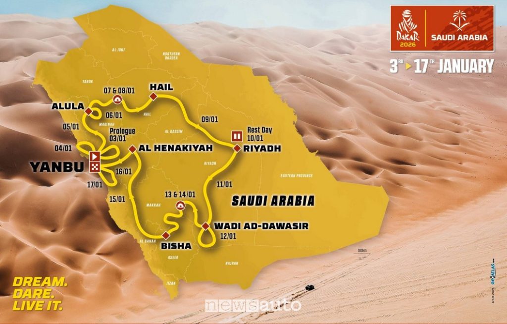 Tappe percorso Dakar 2026: Yanbu punto di partenza e traguardo dal 3 al 17 gennaio
